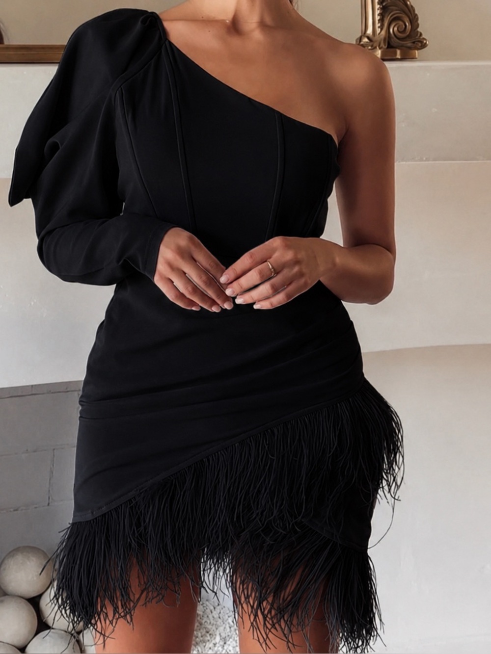 NWT Klesis One Shoulder Feather Trim Mini Dress Black Cocktail Party Size S
